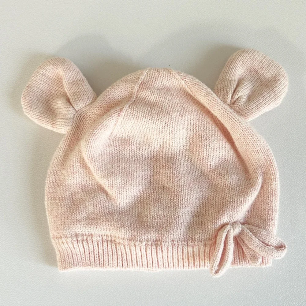 Janie and Jack Baby Girls Pink Knit Bear Ear Bow Coquette Beanie Hat Size 0-3M